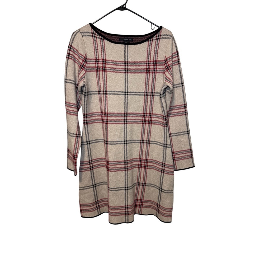 Tahari Dress Womens M Beige Plaid Career Long Sleeve Boat Neck Knit